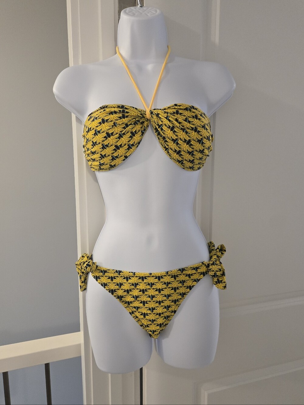 Yellow Banana Print Bandeau Halter Bikini Set